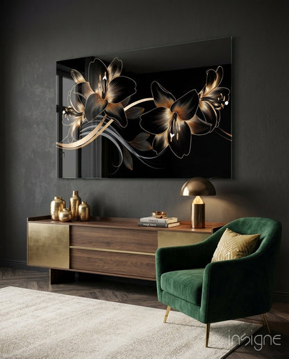 Golden Black Lily Elegance Glass Wall Art