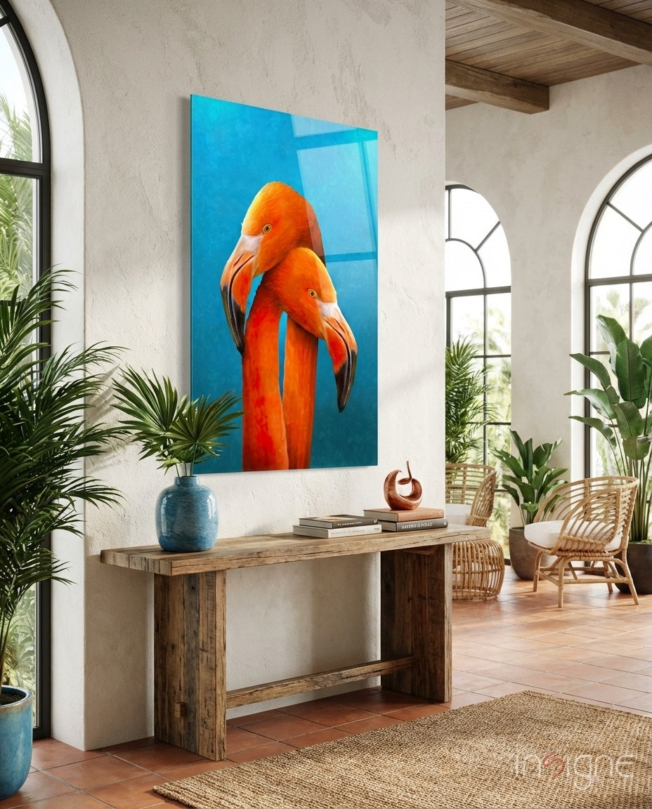 Turquoise Backdrop Orange Flamingo Pair Glass Wall Art