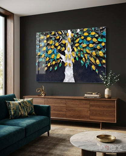 Teal And Gold Leaves White Trunk Tree of Life Glass Wall Art