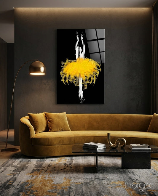 Golden Glow Tutu Ballerina Glass Wall Art displayed above a mustard velvet sofa in a modern living room setting.