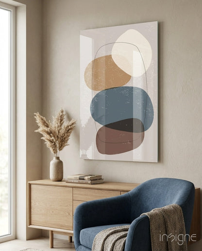 Stacked Pebbles Blue Tan Outline Glass Wall Art