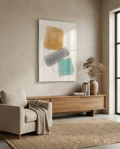 Ochre Grey Teal Watercolor Blocks Glass Wall Art