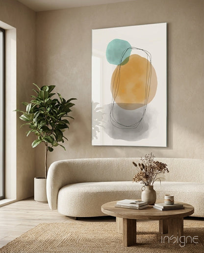 Teal Ochre Circles Line Loop Glass Wall Art