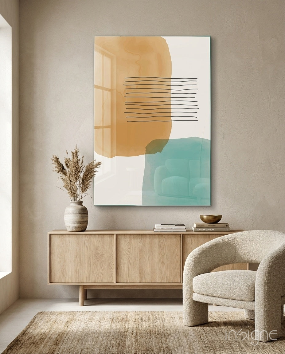 Ochre Teal Blocks Line Stripes Glass Wall Art