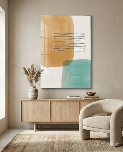Ochre Teal Blocks Line Stripes Glass Wall Art