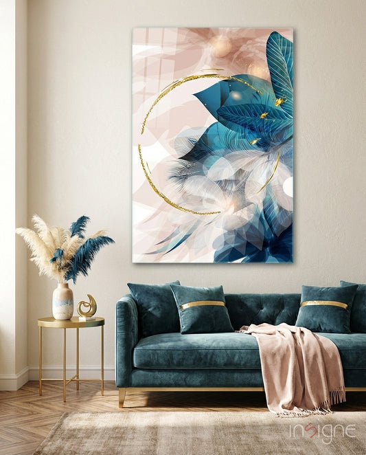 Modern living room interior with teal velvet sofa, gold-accented side table, and abstract teal feather artwork with gold ring on wall.