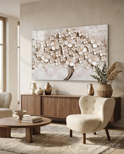Cream Petals Beige Blossom Tree of Life Glass Wall Art