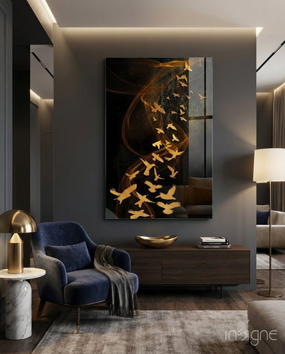 Golden Birds Flying Over Dark Ribbons Glass Wall Art