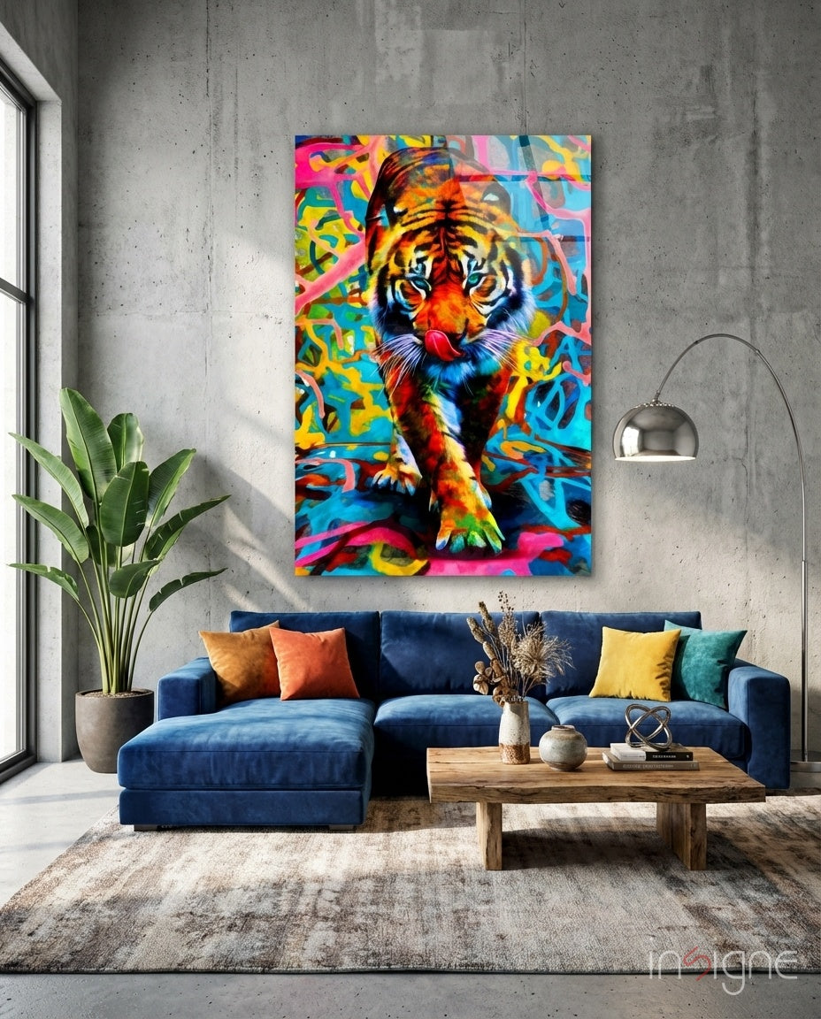 Vibrant Graffiti Tiger Glass Wall Art