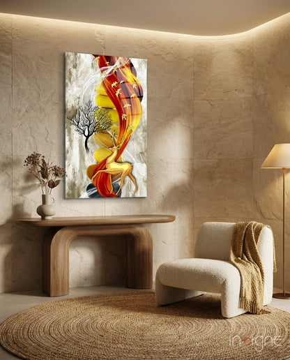 Abstract Deer Glass Wall Art displaying red and yellow flowing forms with bare tree branches, hung in minimalist beige interior with wooden console table.