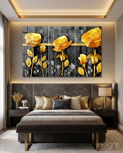 Golden Roses Gray Wood Triptych Glass Wall Art