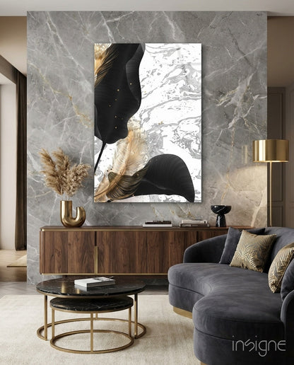 Black Gold Leaf Marble Glass Wall Art