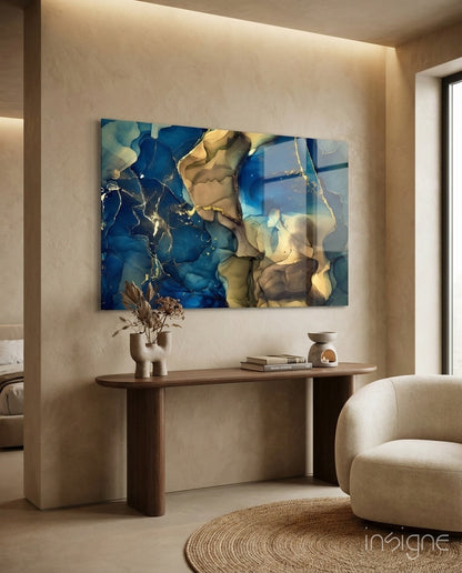 Blue Gold Ink Currents Glass Wall Art
