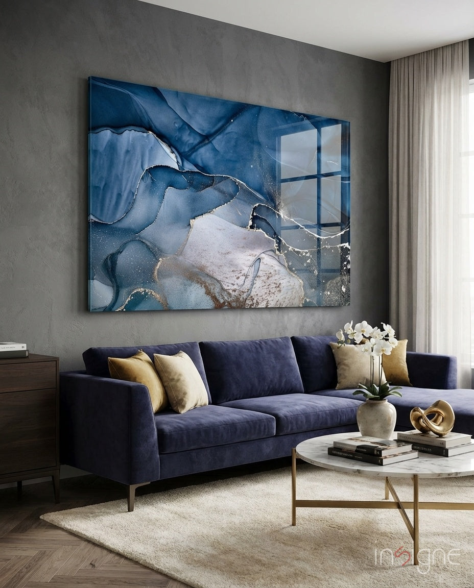 Steel Blue Gold Ink Glass Wall Art
