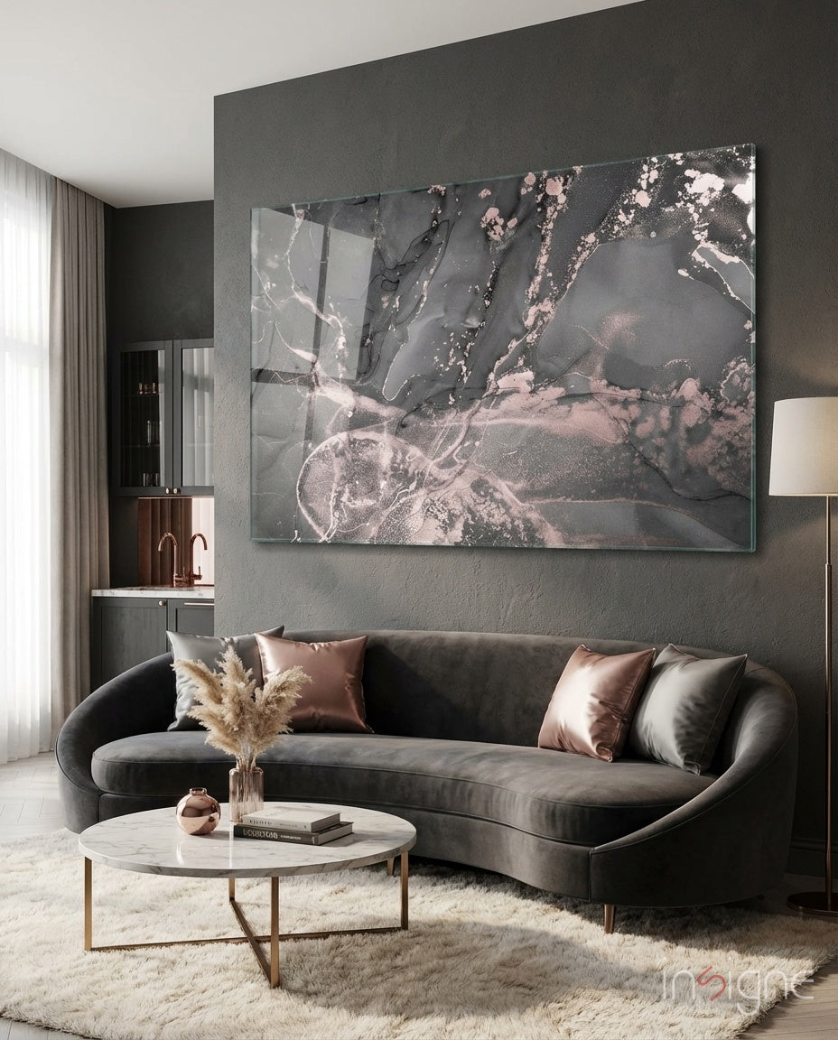 Charcoal Rose Gold Marble Glass Wall Art