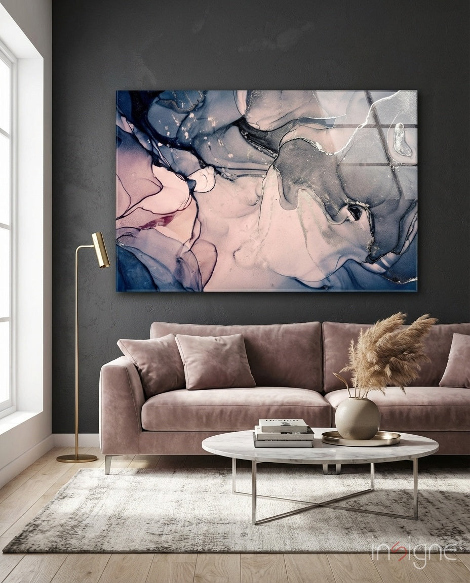 Blush Navy Ink Swirl Glass Wall Art