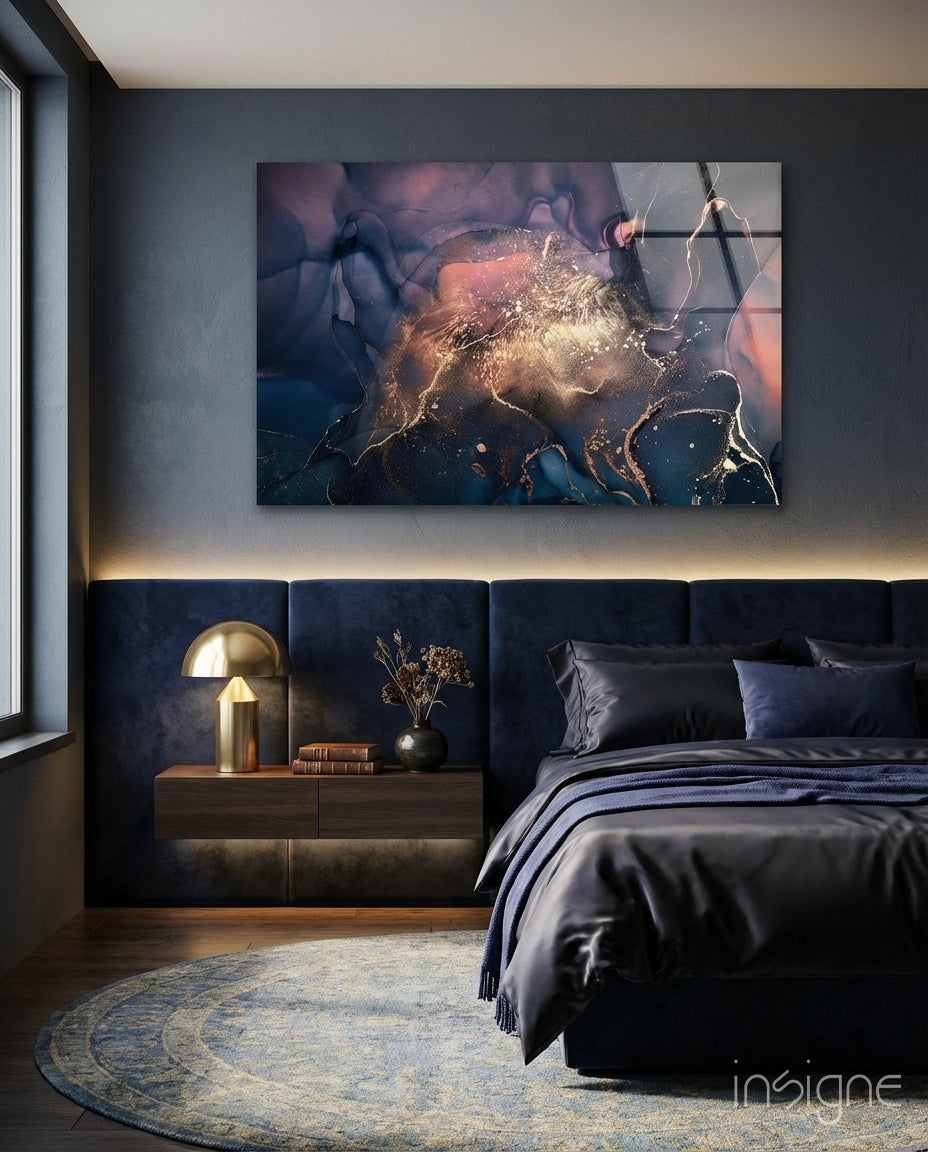 Navy Coral Gold Ink Burst Glass Wall Art