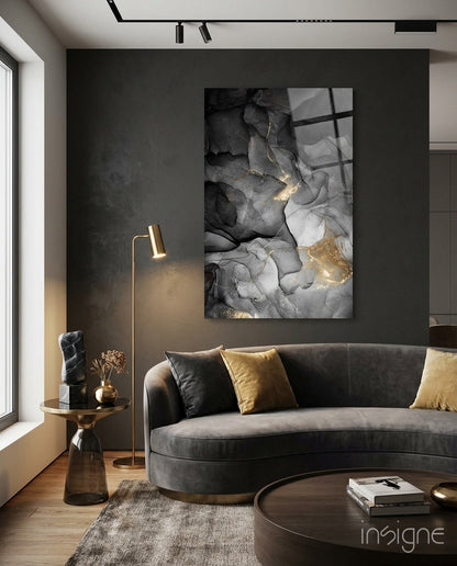 Charcoal Black Gold Ink Glass Wall Art