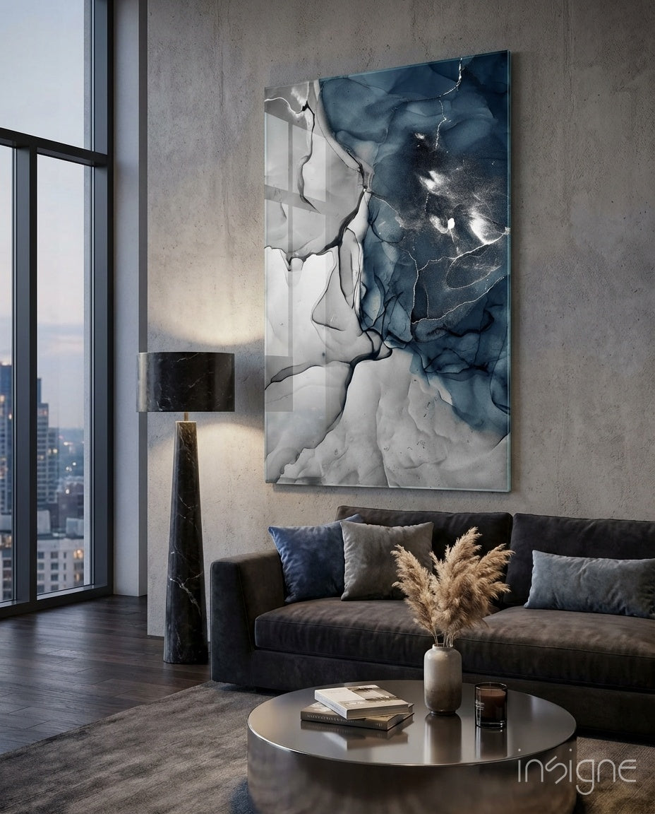 Blue Gray Ink Depth Glass Wall Art