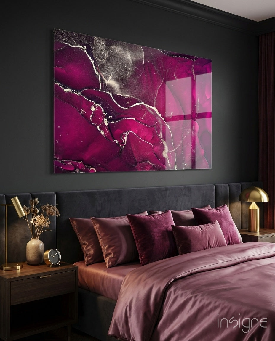 Fuchsia Silver Marble Ink Glass Wall Art