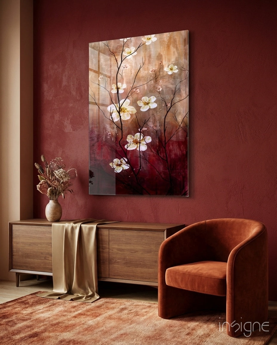 Crimson And Cream Blossom Branch Glass Wall Art