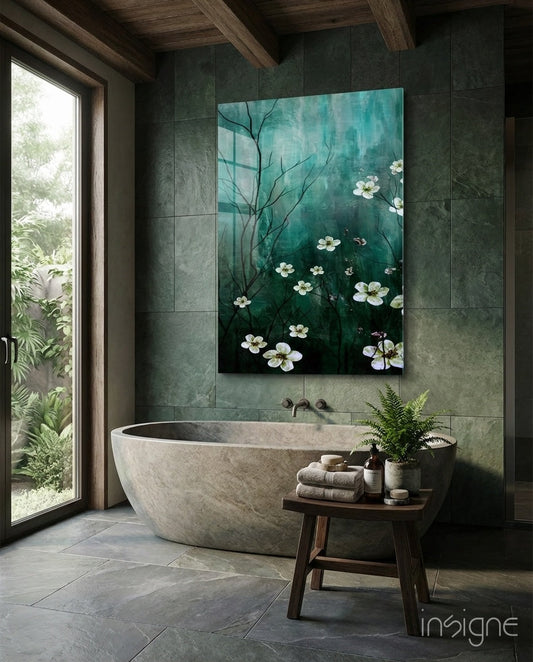 Emerald green glass wall art with white flowering branches displayed above a stone bathtub in a modern spa bathroom.