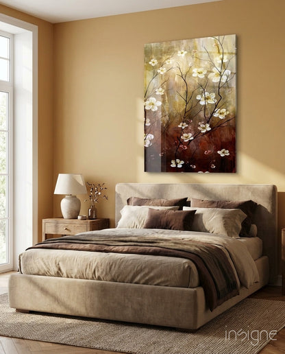 Amber Brown Blossom Branch Panel Glass Wall Art