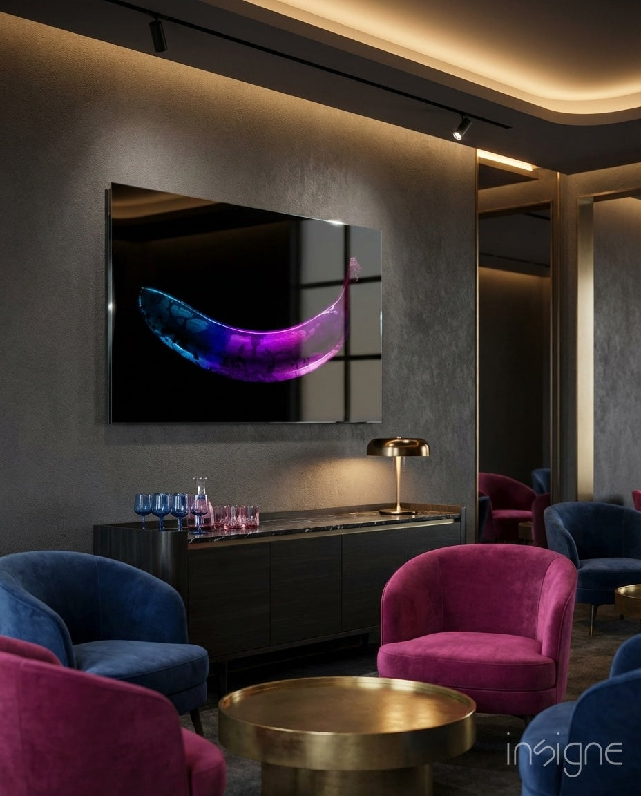 Neon Lit Banana on Black Glass Wall Art