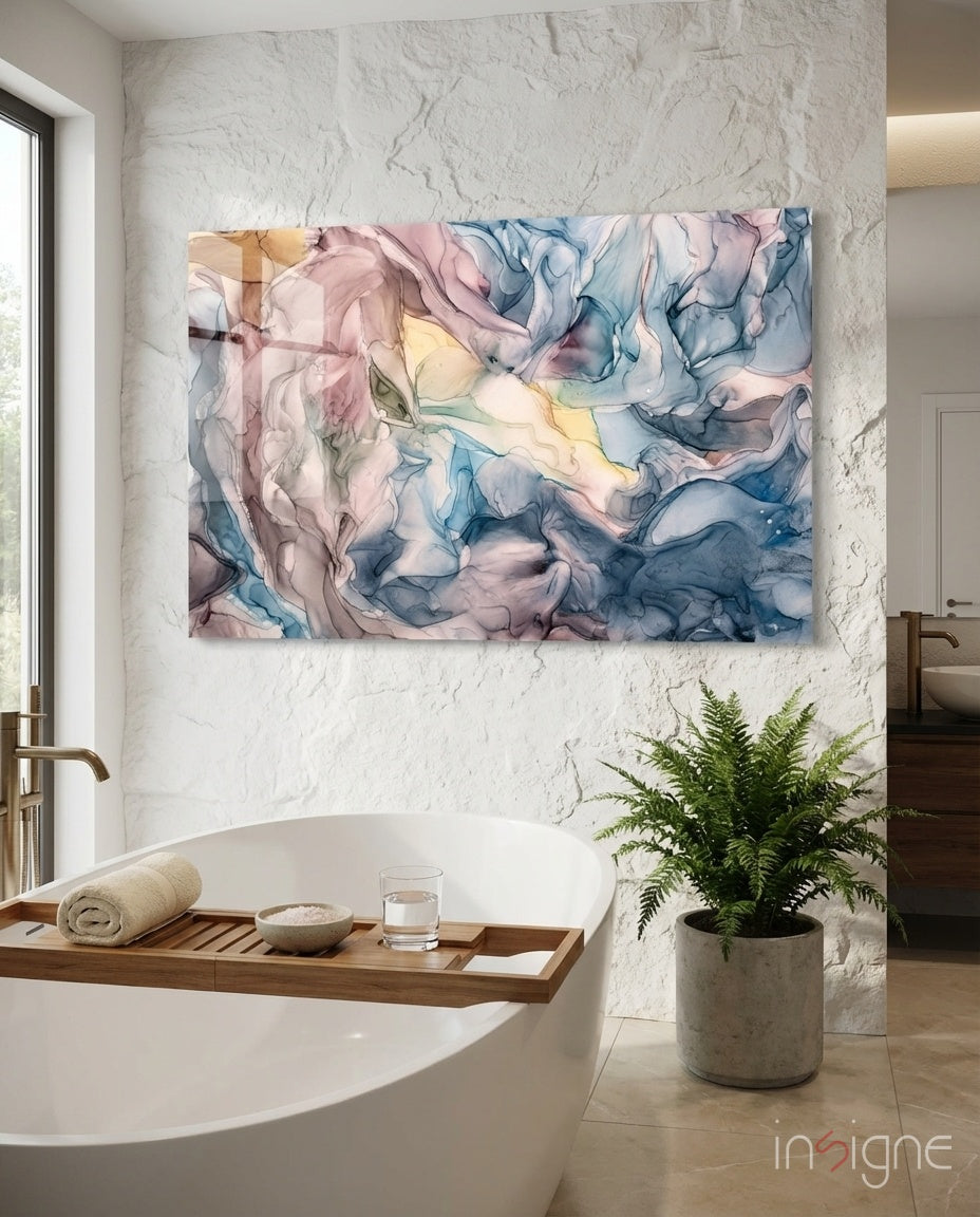 Pastel Blue Pink Ink Flow Glass Wall Art