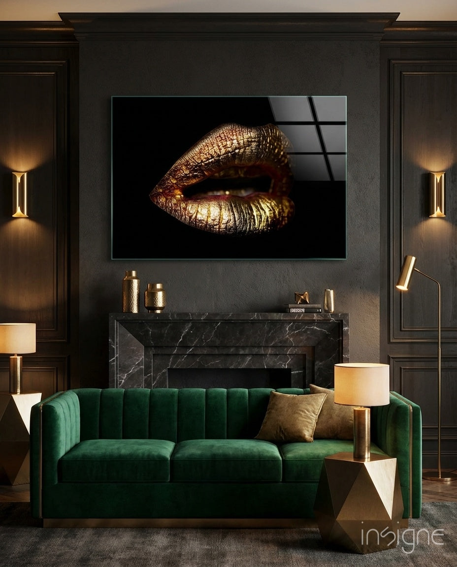Golden Parted Lips on Black Glass Wall Art