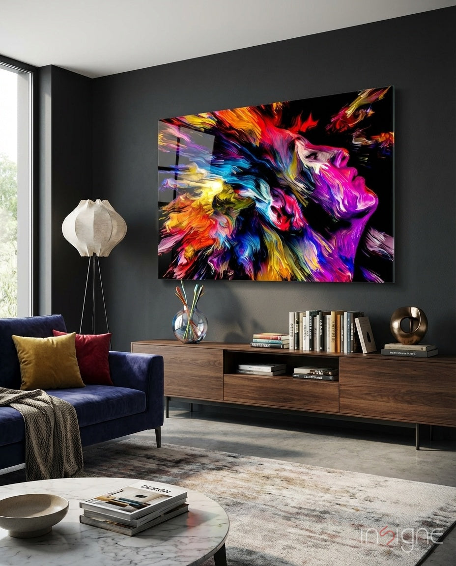 Rainbow Paint Burst Profile Facing Up Glass Wall Art