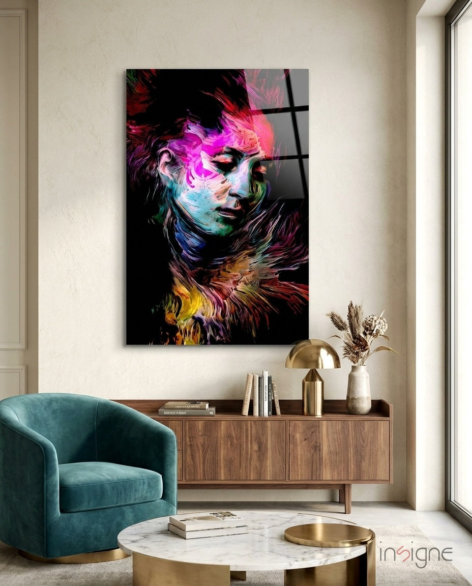 Neon Painted Woman Face Portrait Glass Wall Art