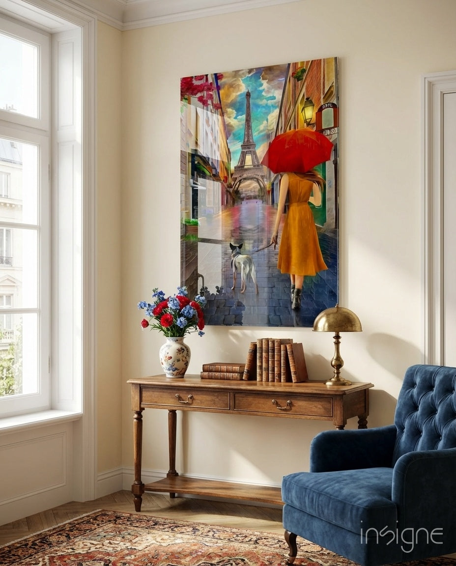 Orange Dress Woman Red Umbrella Paris Glass Wall Art