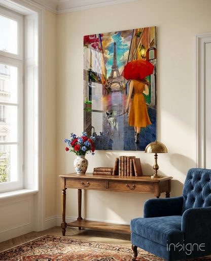 Orange Dress Woman Red Umbrella Paris Glass Wall Art