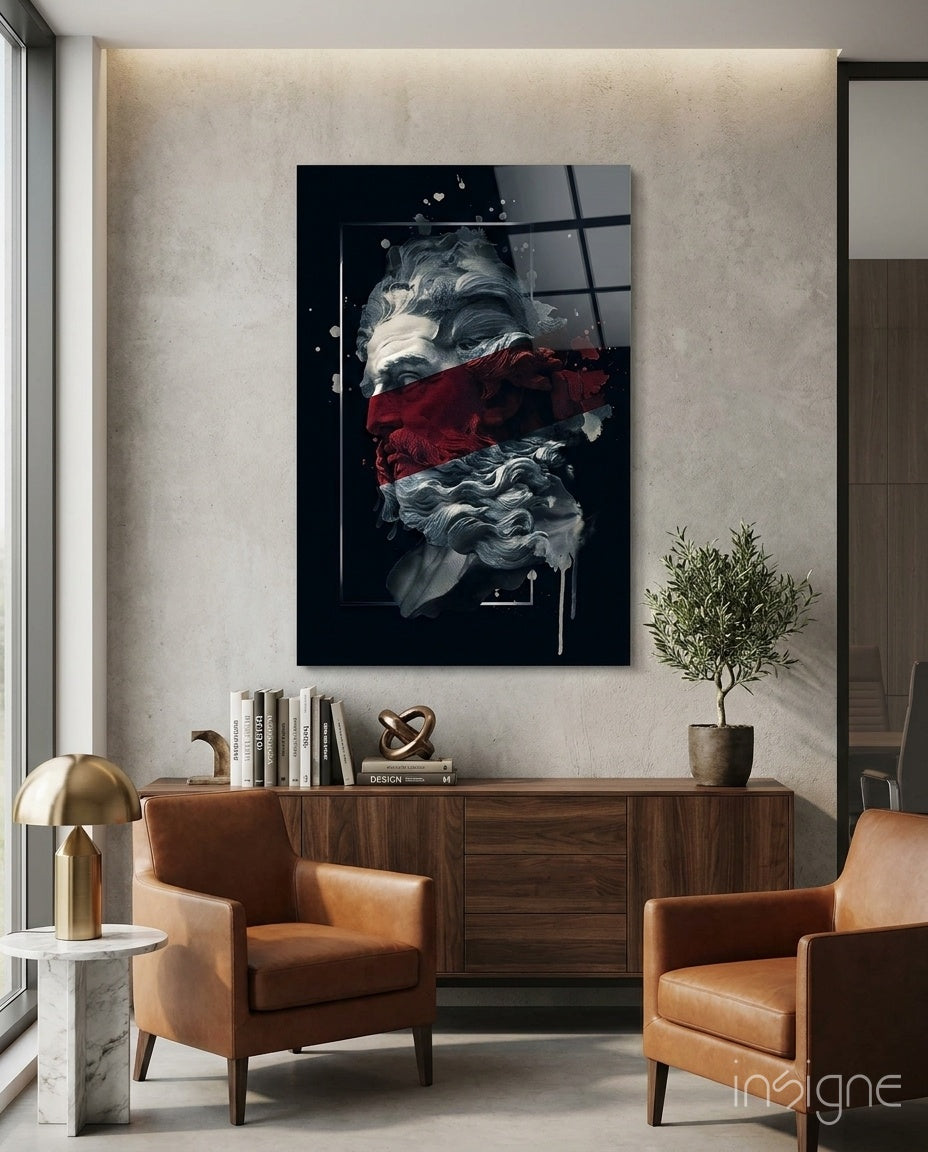 Crimson Paint Stripe Poseidon Bust Glass Wall Art