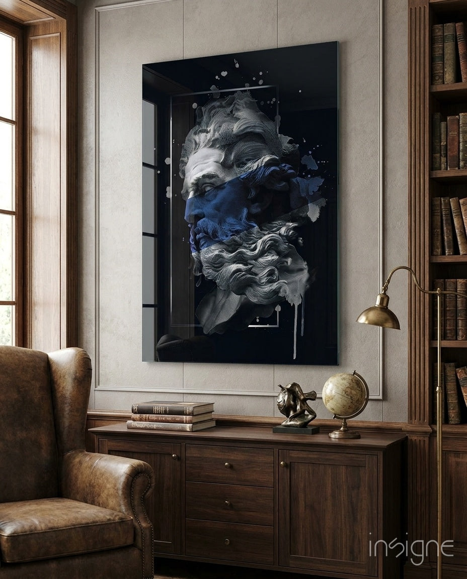 Navy Blue Paint Stripe Poseidon Bust Glass Wall Art