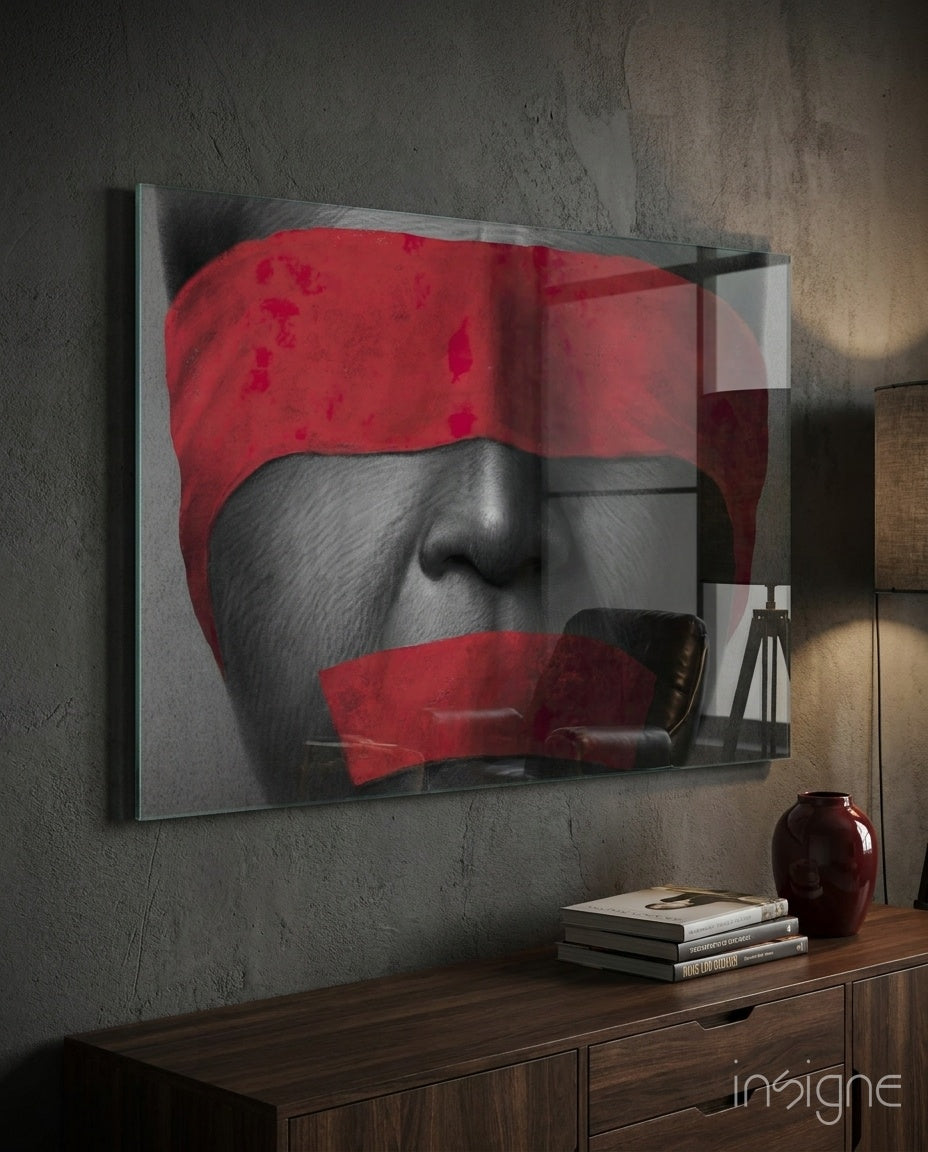 Red Blindfold and Taped Mouth Portrait Glass Wall Art