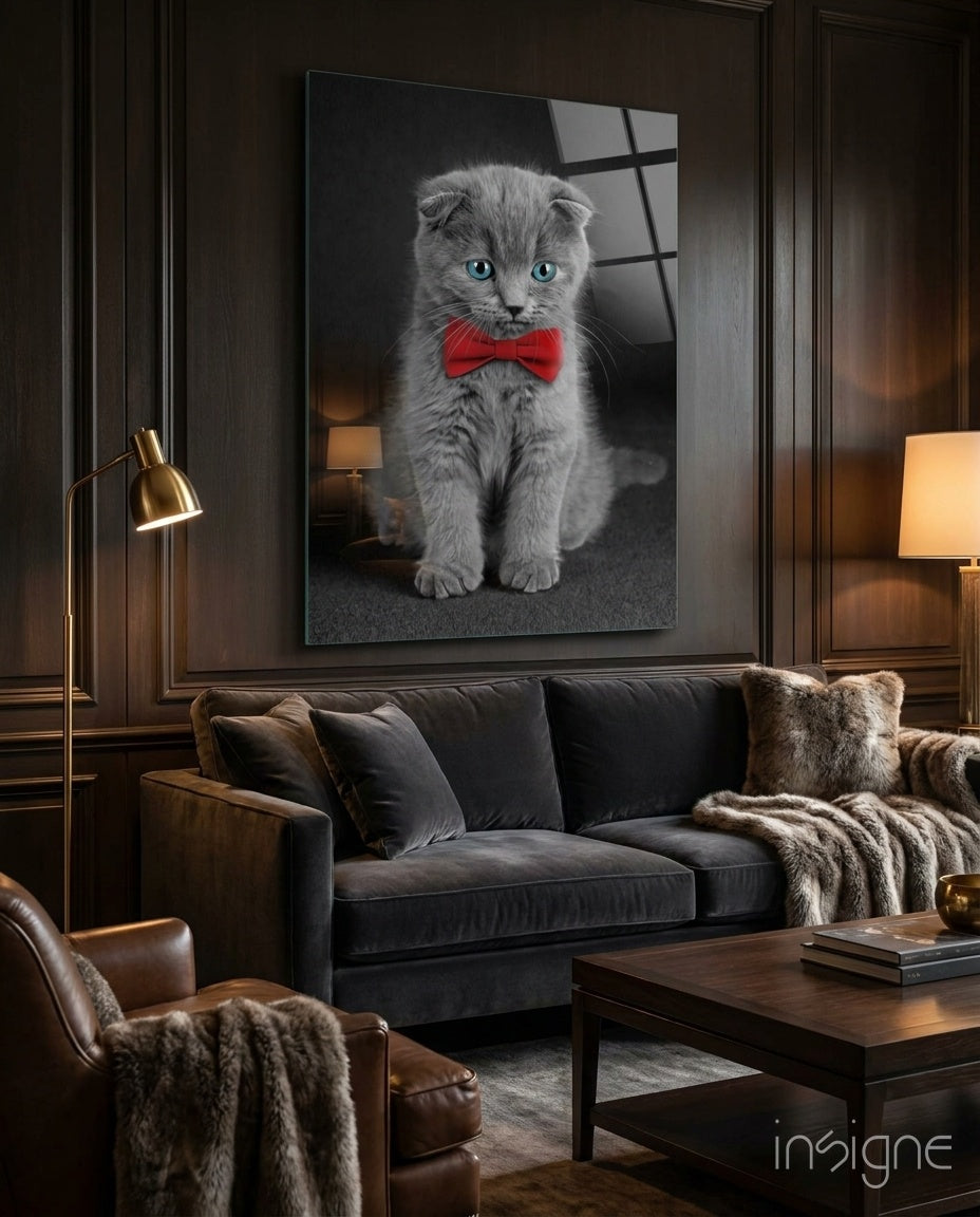 Gray Kitten Red Bow Tie Glass Wall Art