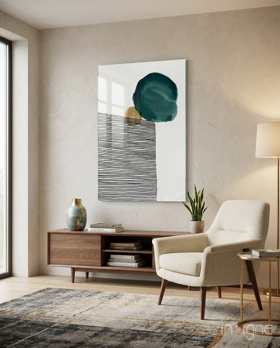 Teal Circle Black Stripes Gold Glass Wall Art