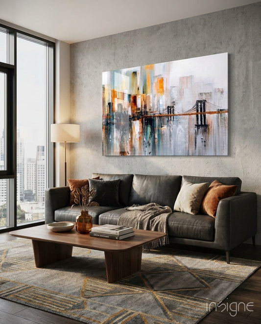 Ghost Town Glass Wall Art depicting colorful cityscape with bridge displayed above black sofa in modern living room.
