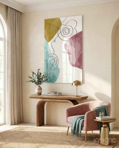 Mustard Teal Pink Scribble Loops Glass Wall Art