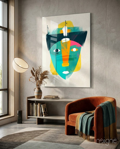 Tribal Mask Style Abstract Face Glass Wall Art