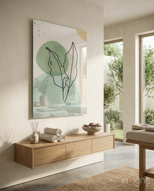 Twin Leaves Sage Green Line Glass Wall Art hanging above wooden dresser in minimalist room with natural light from garden doors.