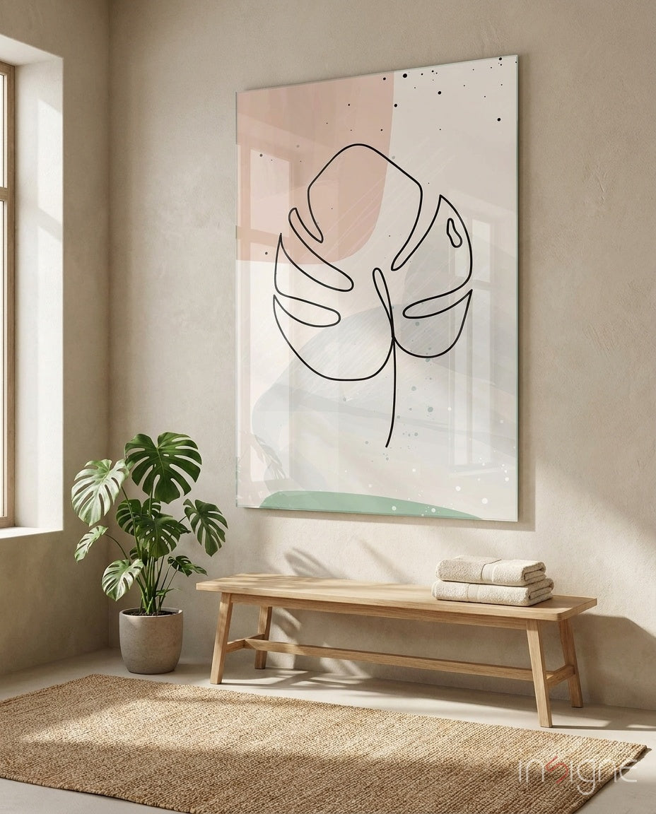 Monstera Line Blush Sage Glass Wall Art