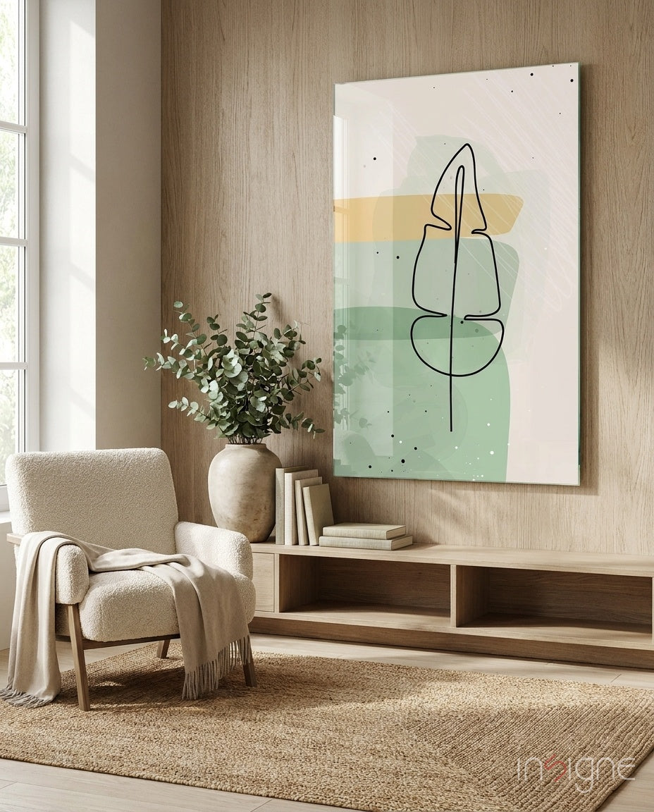 Line Art Leaf Sage Yellow Glass Wall Art