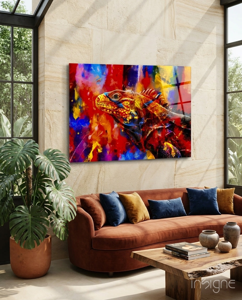 Vibrant Paint Splash Iguana Portrait Glass Wall Art