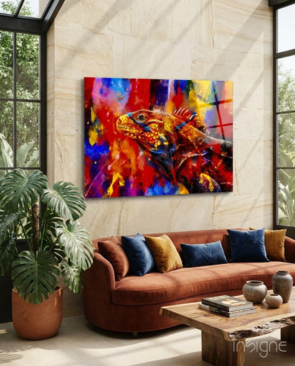 Vibrant Paint Splash Iguana Portrait Glass Wall Art