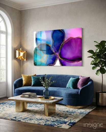 Purple Blue Gold Vein Marble Glass Wall Art