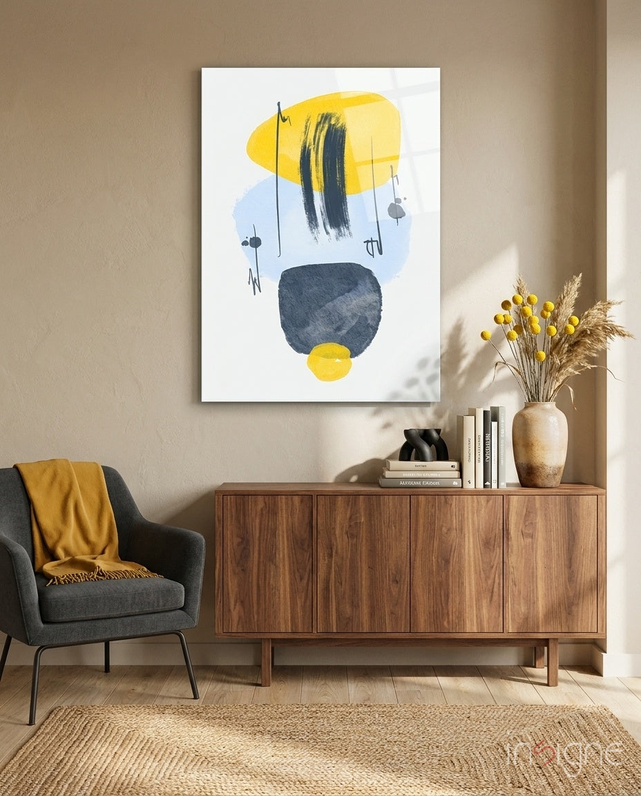 Yellow Blue Navy Brushstroke Glass Wall Art