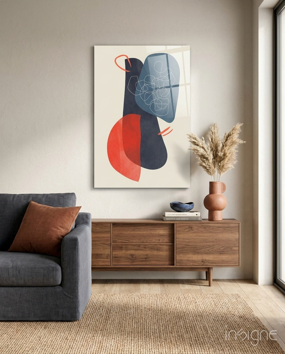 Navy Blue Red Scribble Blobs Glass Wall Art